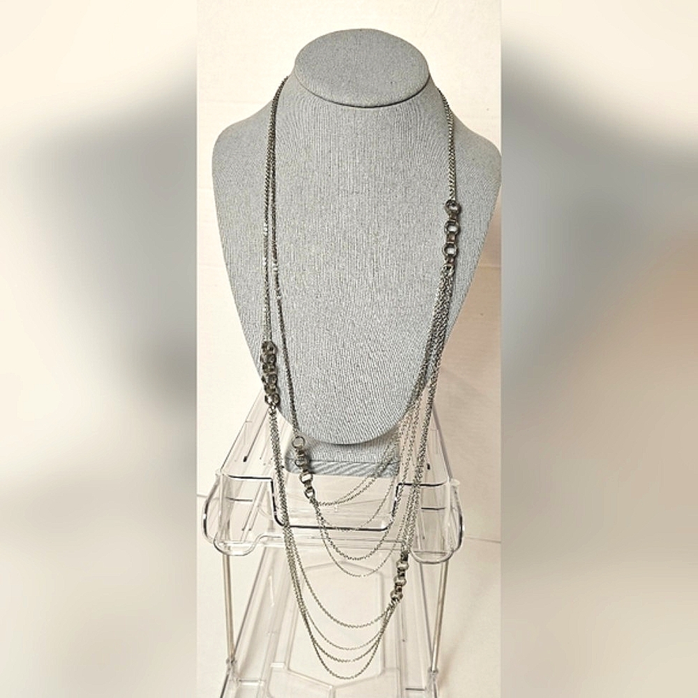 [EXPRESS] Asymmetrical Off Center Multi Layer Silver Tone Chain Necklace